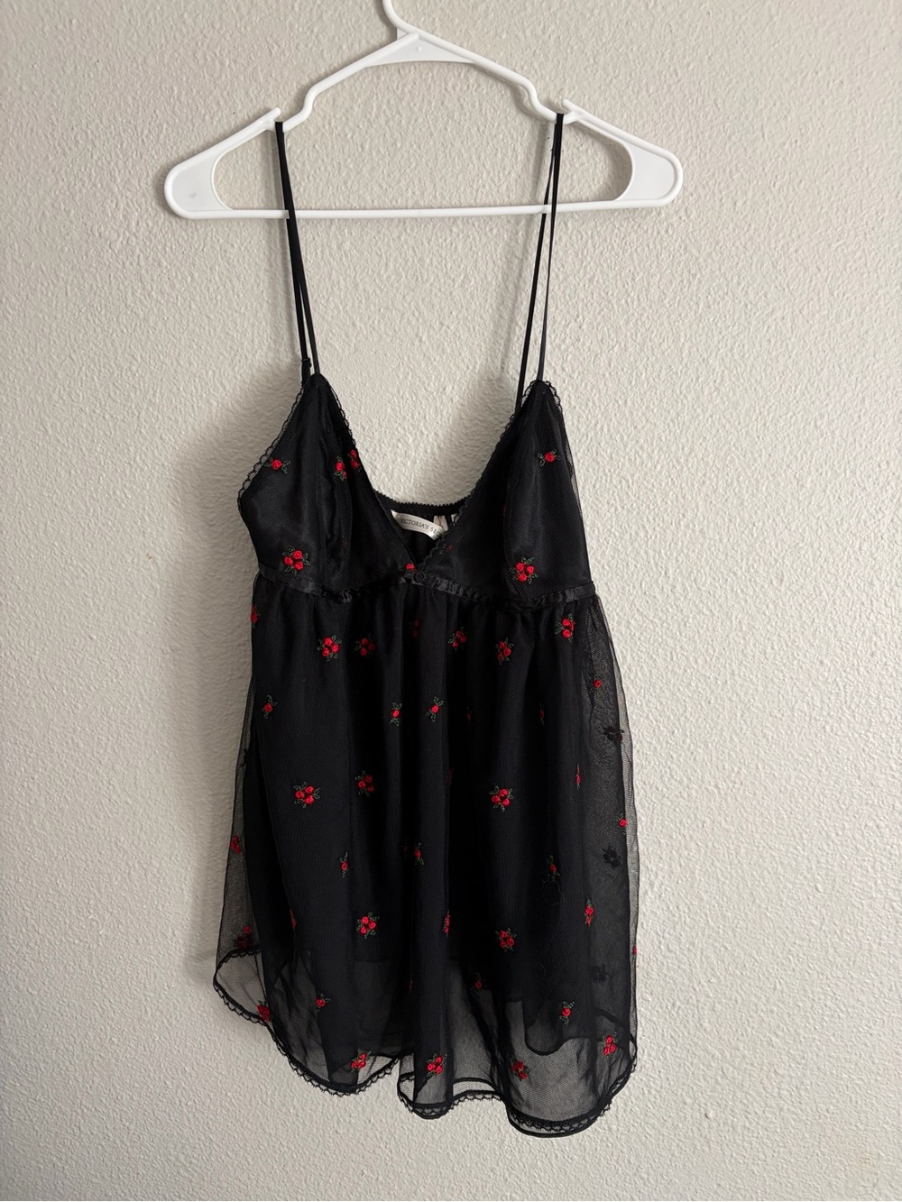 Y2K Victoria's Secret Black Babydoll Chemise with Red Rose Embroidery